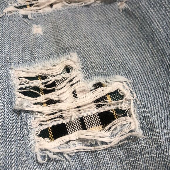 Y2K Tommy Hilfiger Ripped Plaid Patched Straight Leg Jeans Women Sz 6 - Picture 2 of 7